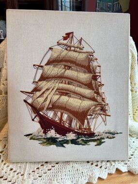 Vintage Embroidered Sailing Ship Wall Art